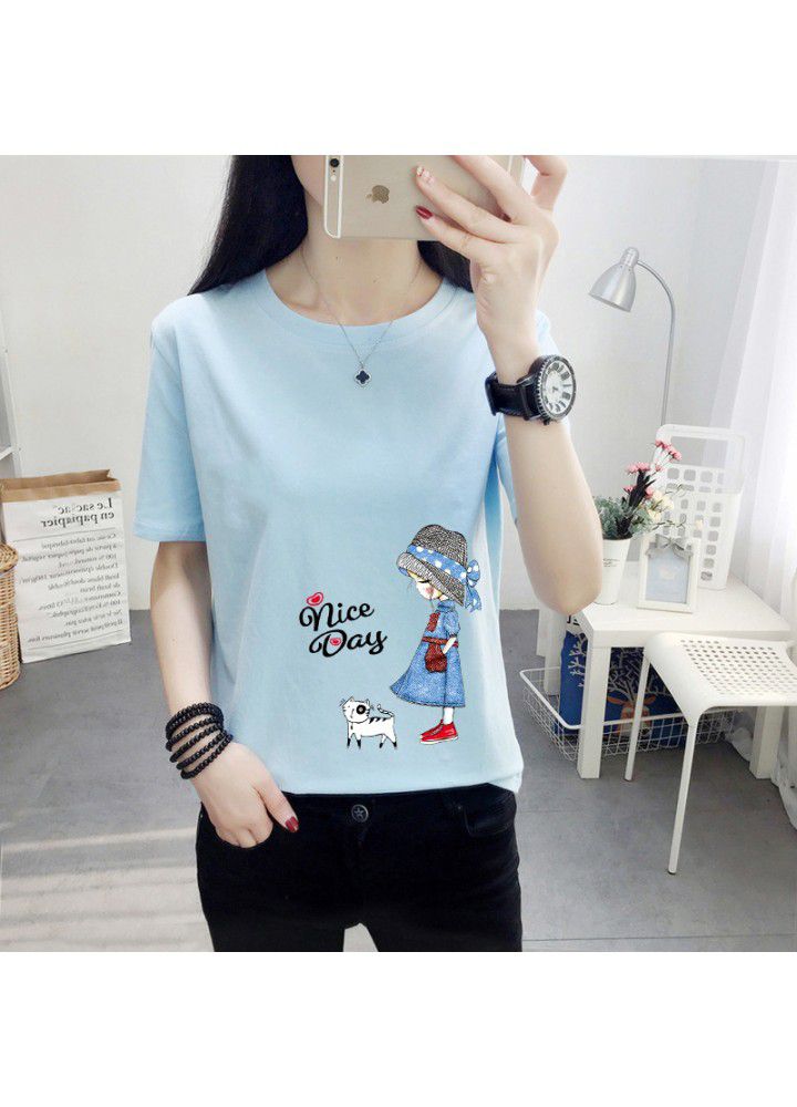 180g no pilling 2021 summer new loose print short sleeve T-shirt women's round neck top