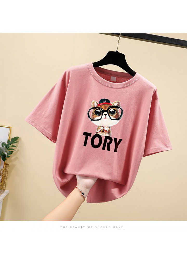 Cotton short sleeve T-shirt women loose fat mm summer Korean student size versatile cartoon half sleeve clothes