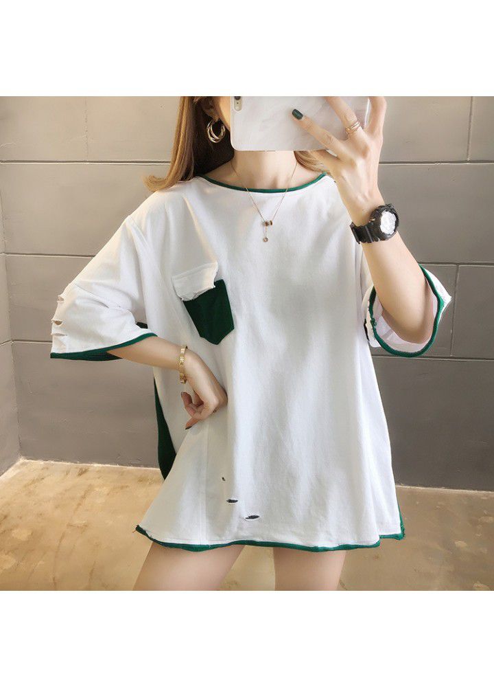 Cotton T-shirt, short sleeve, Korean version, loose and versatile, net red, foreign style, personality, holes, T-shirt, mschf top