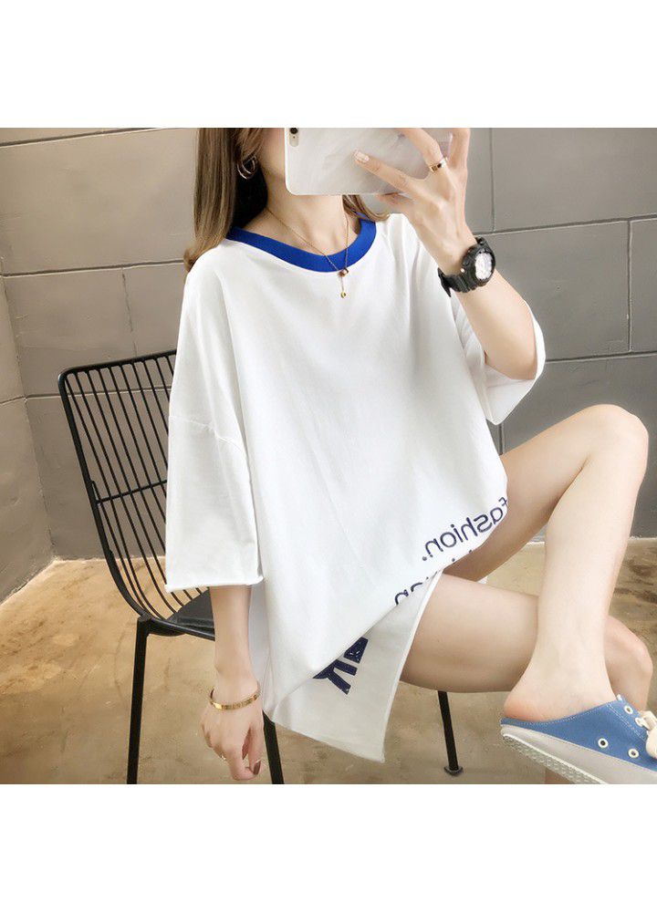 2021 Korean leisure large size loose medium length short sleeve T-shirt women's color matching collar net red ins half sleeve fashion