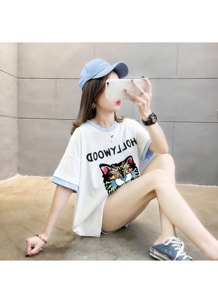 Fake two T-shirts female short sleeve loose summer clothes 2021 new Korean student versatile half sleeve cartoon top