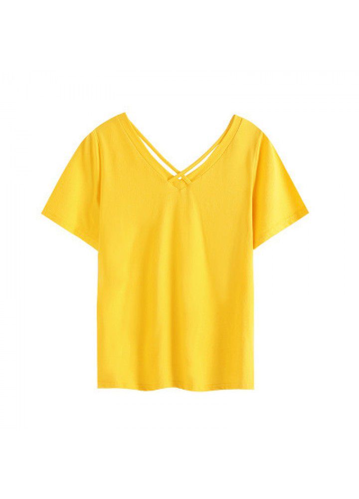 2021 summer slim fit short sleeve T-shirt women's V-neck loose cotton T-shirt versatile new cut out suspender top