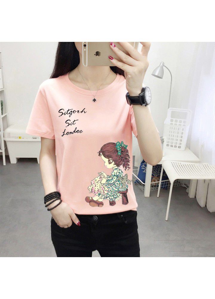180g no pilling 2021 summer new loose print short sleeve T-shirt women's round neck top
