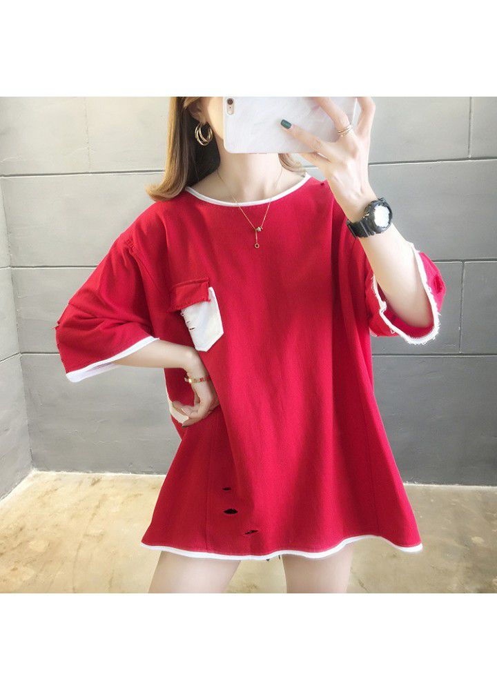 Cotton T-shirt, short sleeve, Korean version, loose and versatile, net red, foreign style, personality, holes, T-shirt, mschf top