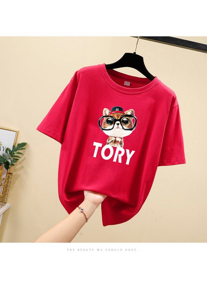 Cotton short sleeve T-shirt women loose fat mm summer Korean student size versatile cartoon half sleeve clothes