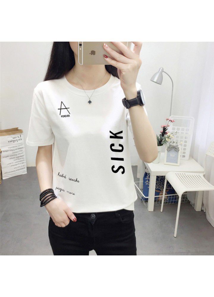 180g no pilling 2021 summer new loose print short sleeve T-shirt women's round neck top