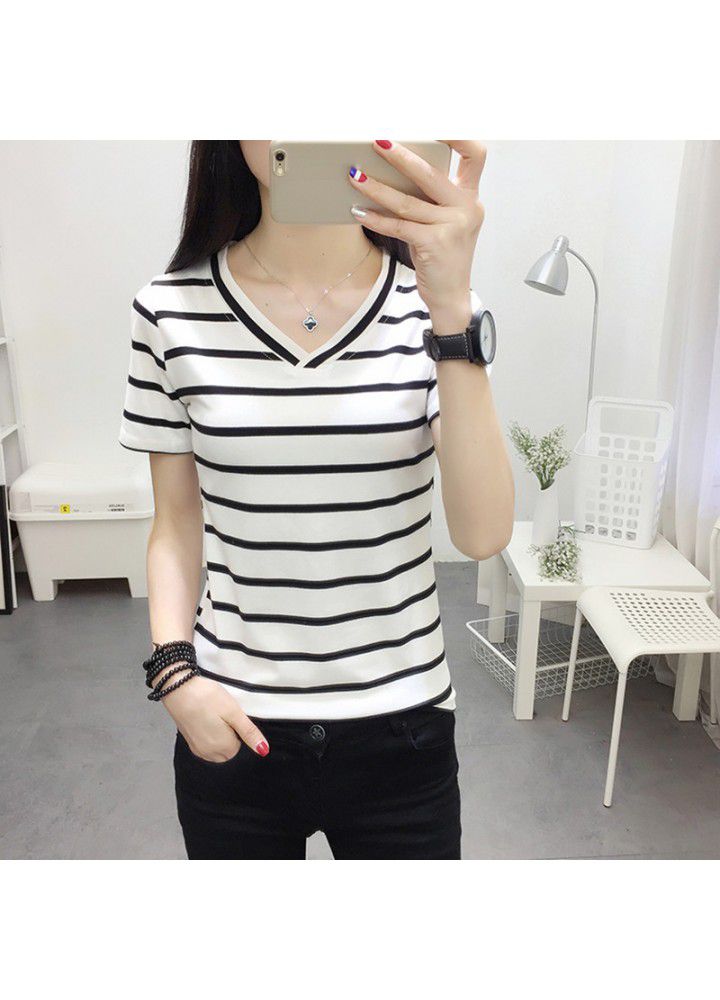 Popular 2020 women's wear versatile black and white stripe V-neck short sleeve T-shirt for women