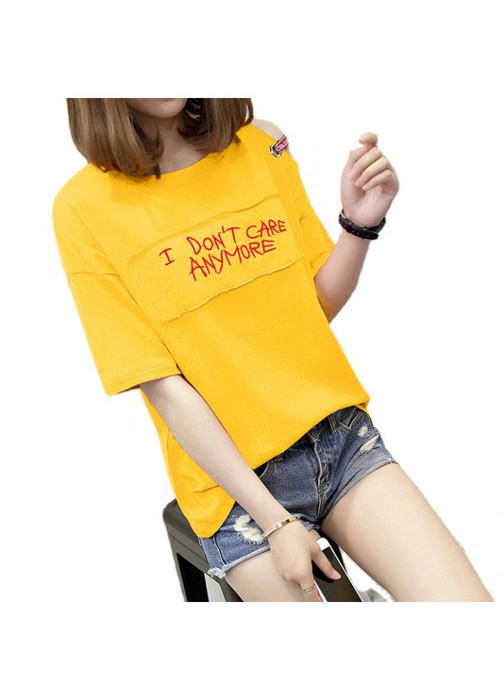 Summer 2021 new off shoulder short sleeve t-shirt female loose cotton Korean student Hong Kong Style ins half sleeve large size top