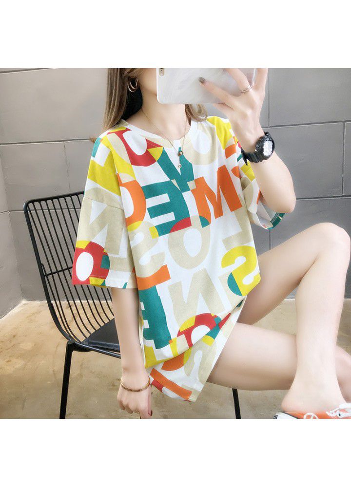 2021 net red ins short sleeve T-shirt women's summer wear Korean version loose and versatile mid long casual personality half sleeve top fashion
