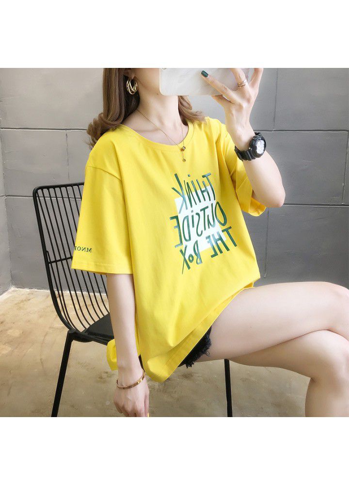 2021 new summer hem side split irregular orange short sleeve T-shirt girl student loose top fashion