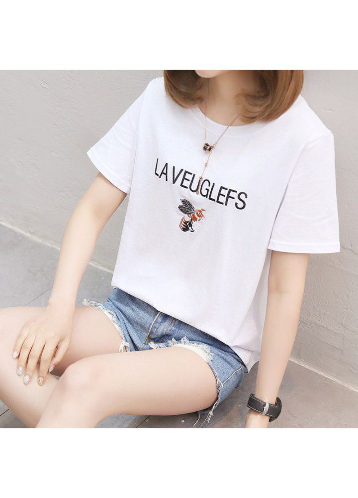 Student cotton short sleeve T-shirt women's embroidered base shirt short summer 2021 new ins fashionable top body