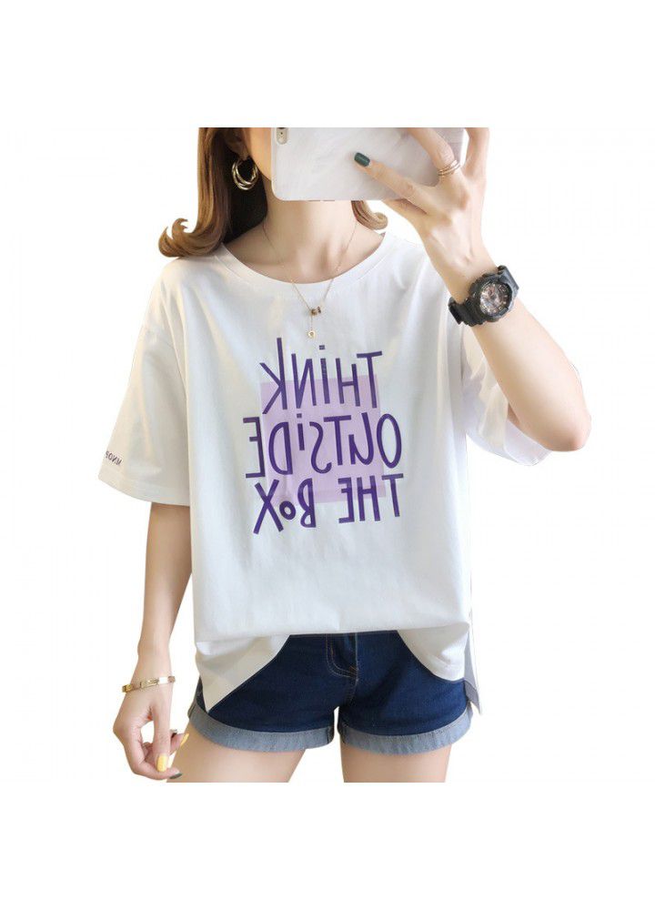 2021 new summer hem side split irregular orange short sleeve T-shirt girl student loose top fashion