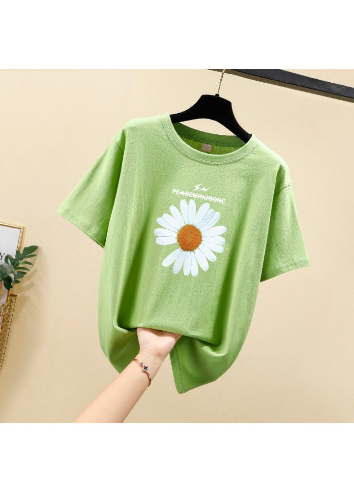 2021 summer new large short sleeve women's 200kg Korean loose round neck T-shirt fat mm slightly fat printed top