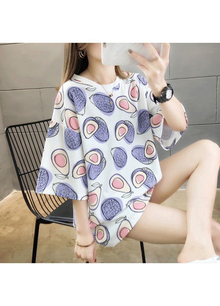 Medium length avocado short sleeve T-shirt women's 2021 summer new loose large versatile half sleeve T-shirt