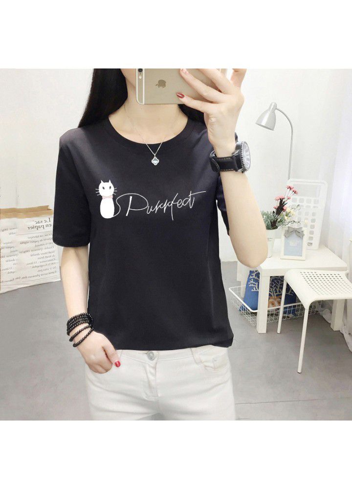 180g no pilling 2021 summer new loose print short sleeve T-shirt women's round neck top