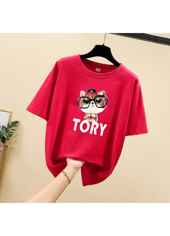 Cotton short sleeve T-shirt women loose fat mm summer Korean student size versatile cartoon half sleeve clothes