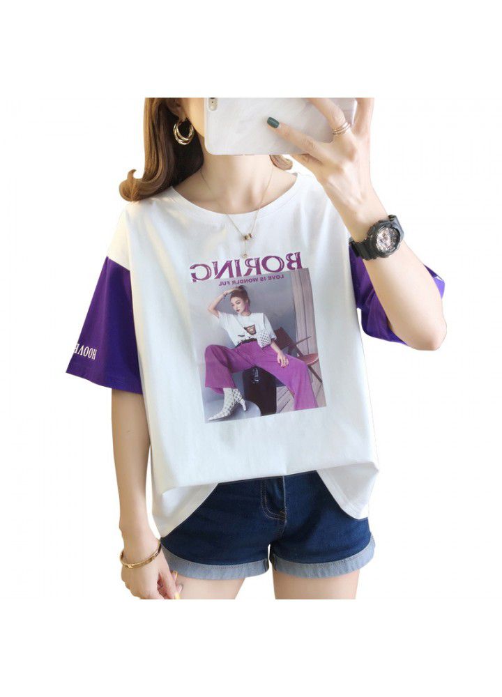 2021 summer new breathable short sleeve top fashionable loose color matching casual T-shirt for women