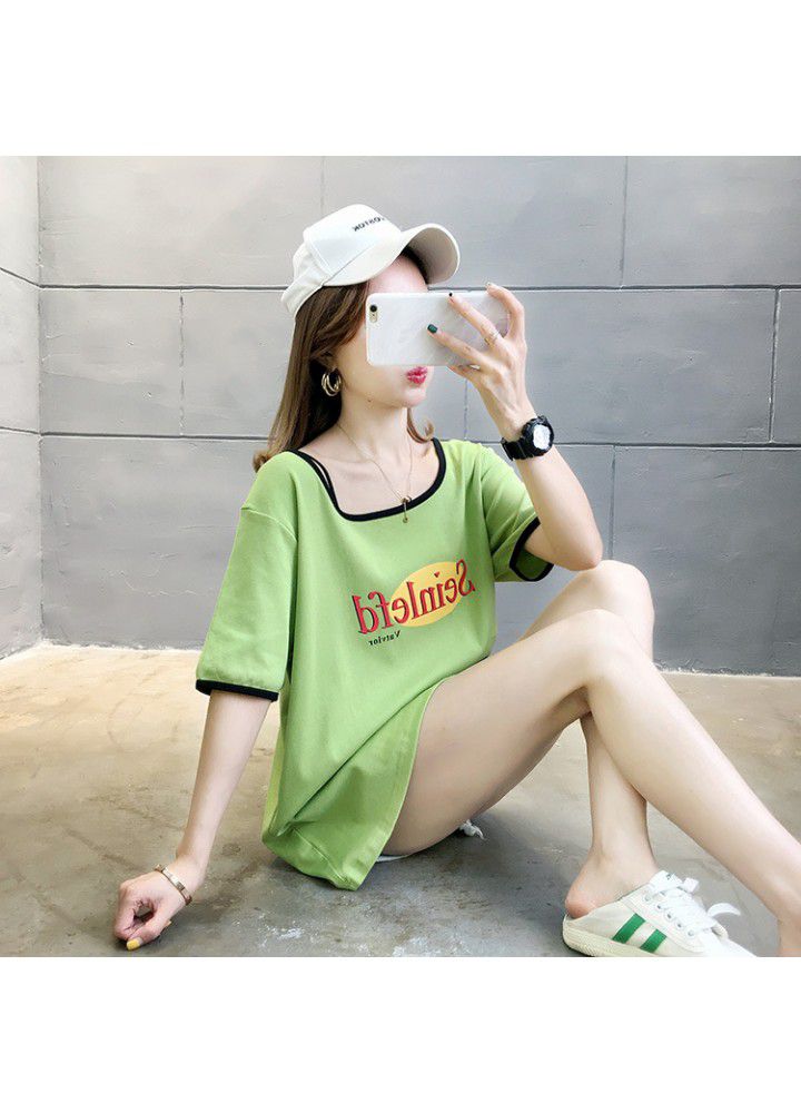 2021 spring and summer new color matching big neckline short sleeve T-shirt women's low neck personality avant-garde loose Korean student top