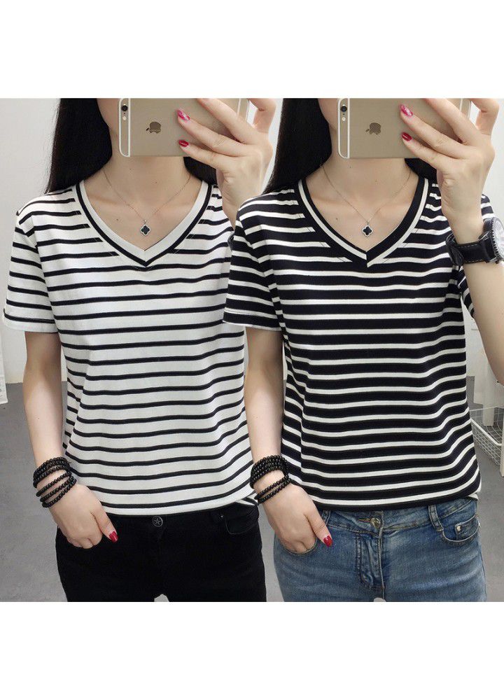 Striped short sleeve T-shirt women's spring 2020 slim top spring dress large women's loose and fat mm foreign style summer dress