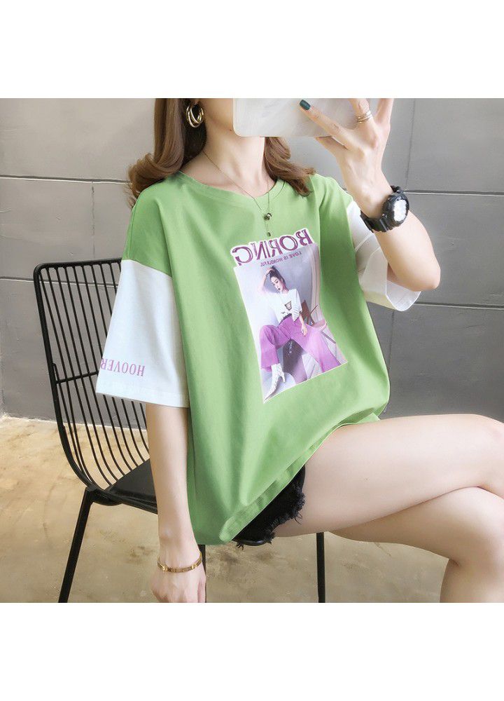 2021 summer new breathable short sleeve top fashionable loose color matching casual T-shirt for women