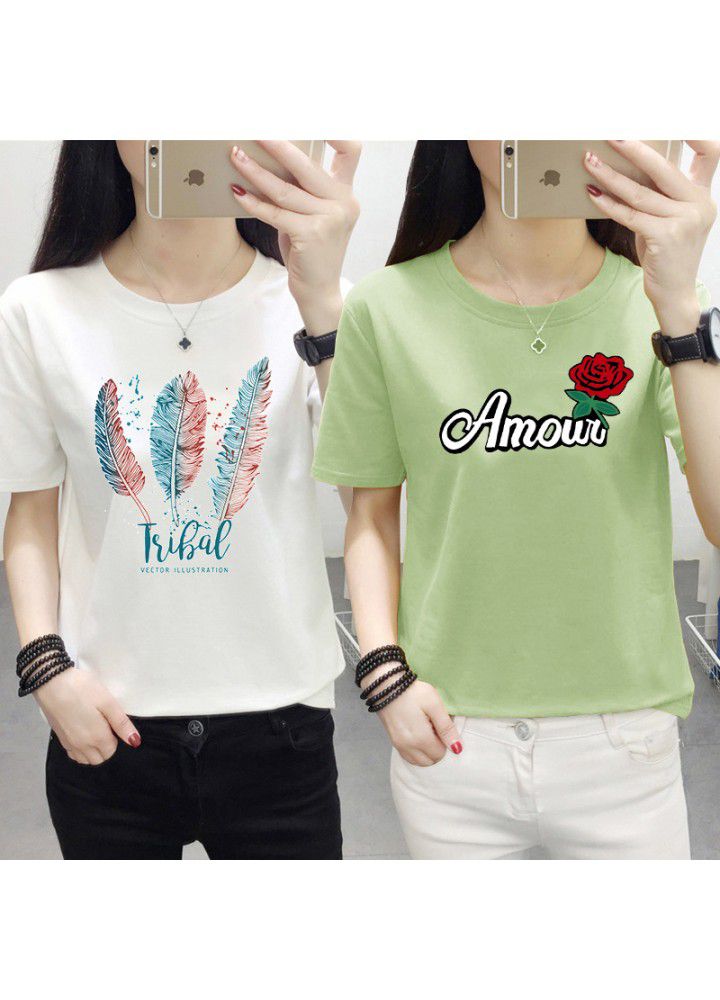 180g no pilling 2021 summer new loose print short sleeve T-shirt women's round neck top