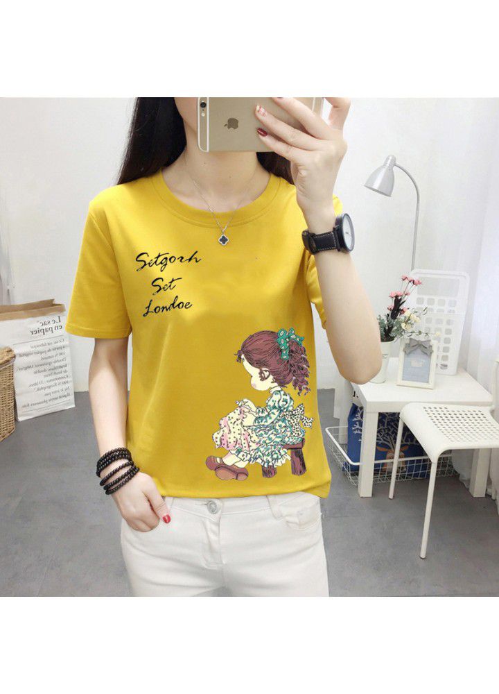 180g no pilling 2021 summer new loose print short sleeve T-shirt women's round neck top