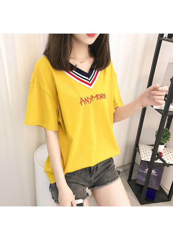 Cotton V-neck T-shirt women's short sleeve 2021 new spring summer embroidery Korean loose large half sleeve net
