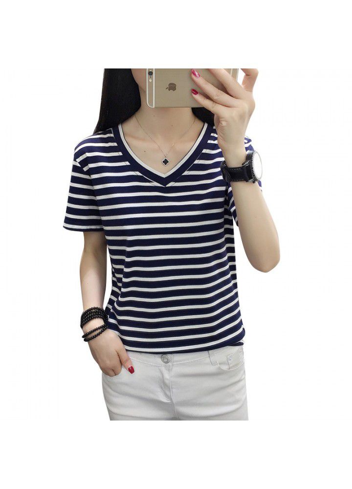 Striped short sleeve T-shirt women's spring 2020 slim top spring dress large women's loose and fat mm foreign style summer dress