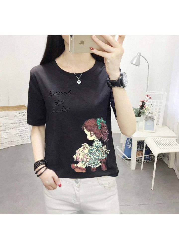 180g no pilling 2021 summer new loose print short sleeve T-shirt women's round neck top