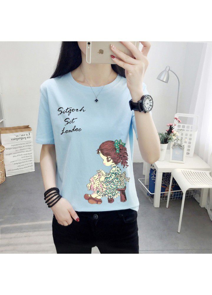 180g no pilling 2021 summer new loose print short sleeve T-shirt women's round neck top