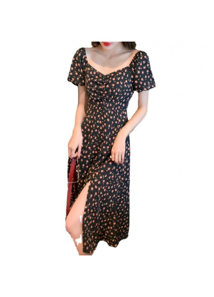 2021 new summer square necked French Floral Dress