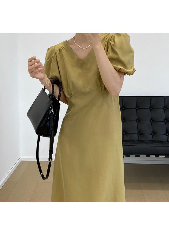 Taochuan French elegant V-neck solid color bubble sleeve dress women's 2021 summer short sleeve high waist long skirt word 5160
