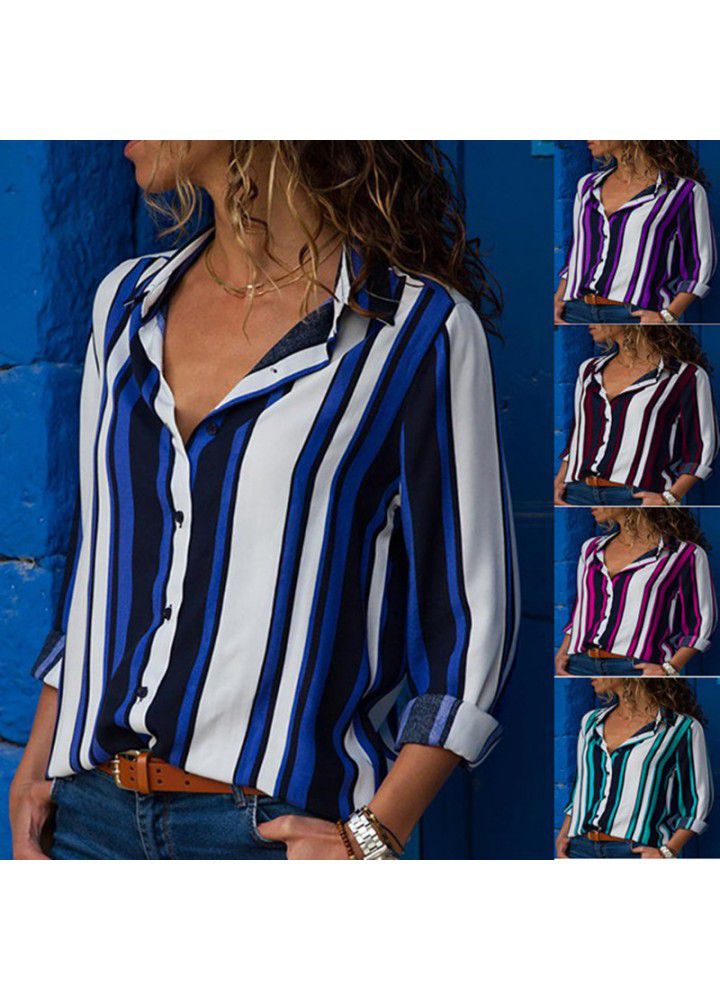 Fast selling wish Amazon eBay big size loose blouse contrast stripe long sleeve multi color blouse