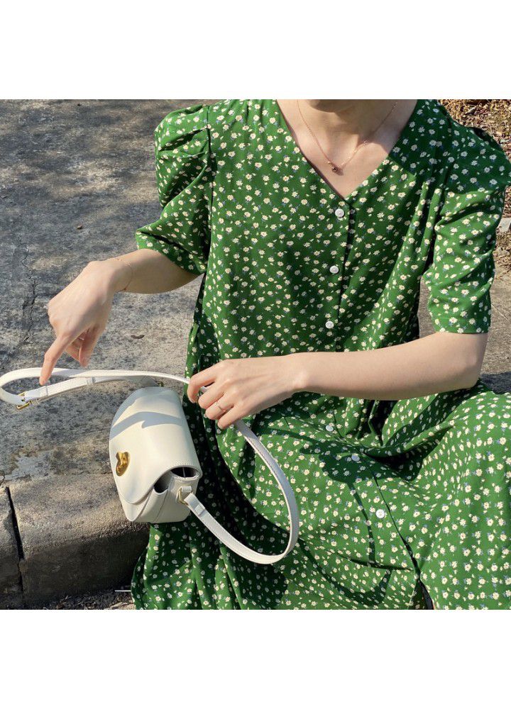 Zhicongxi 2020 summer beauty! Green floral dress retro French slim Platycodon skirt female 1765