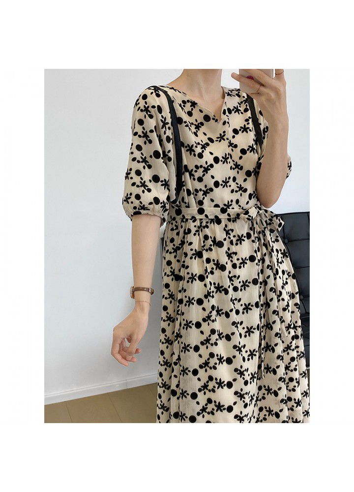 Taochuan French foam sleeve flocked floret dress 2021 summer new waist folded temperament long skirt 3376