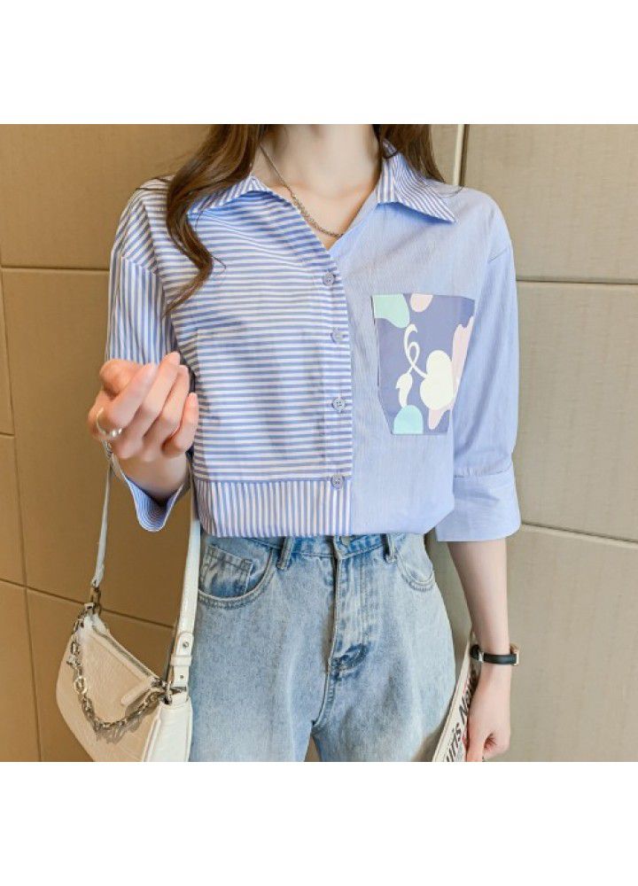 2021 Korean summer new blue and white striped shirt for women