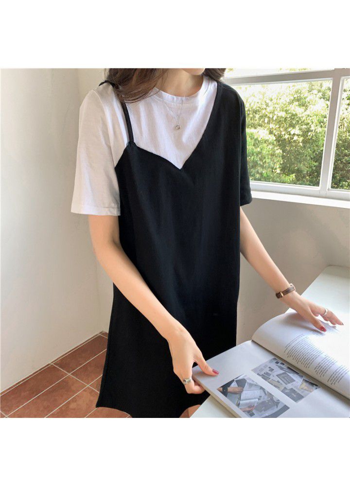 2021 summer stitching temperament fake two-piece dress women's short sleeve small slim T-shirt skirt half sleeve top