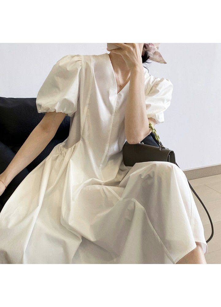 Taochuan solid color big pocket bubble sleeve dress women's summer 2021 new French V-neck loose swing dress 1953