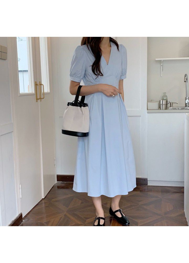 2021 summer new French fashion temperament simple V-neck waist show thin bubble sleeve dress women's tricolor