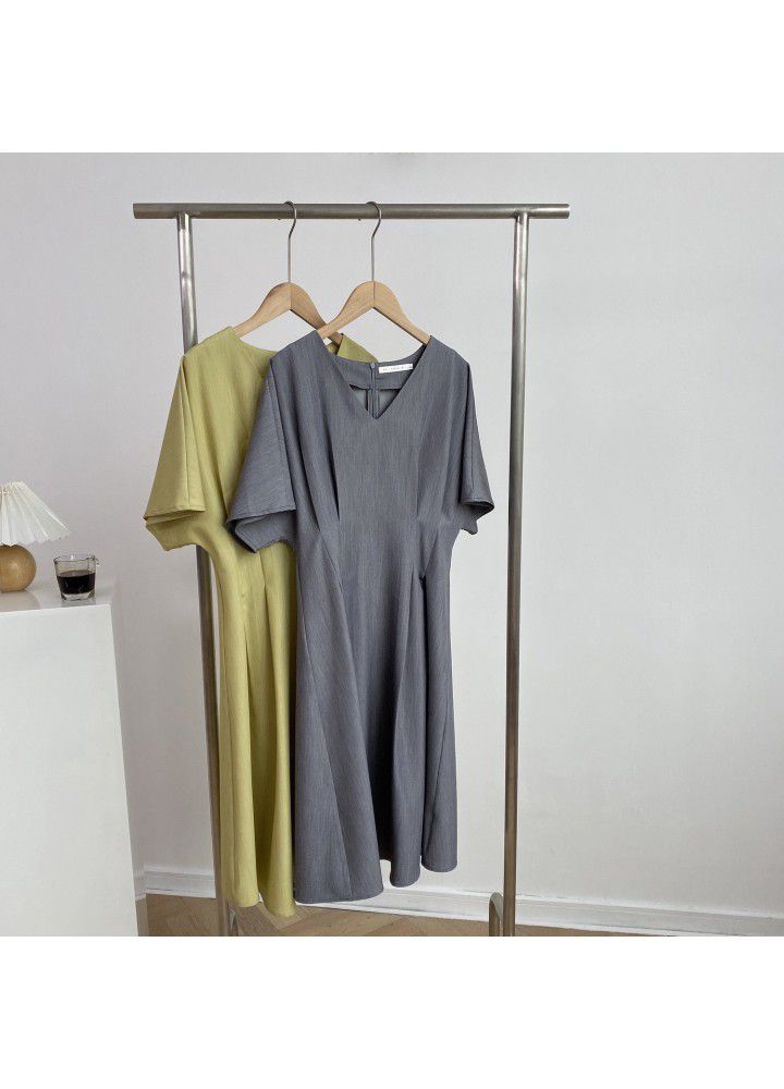 Zhicongxi 2021 summer new Korean French simple V-neck solid color dress women's mid length skirt 1825