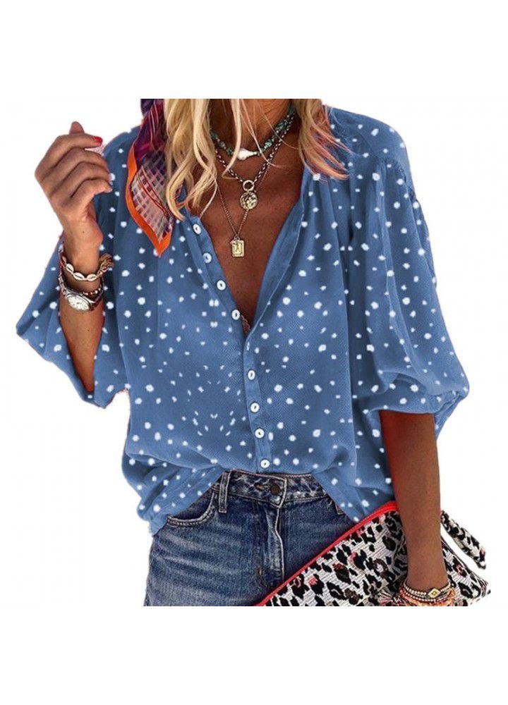 New Amazon wish Polka Dot snowflake Print Long Sleeve V-neck button women's shirt in autumn 2019