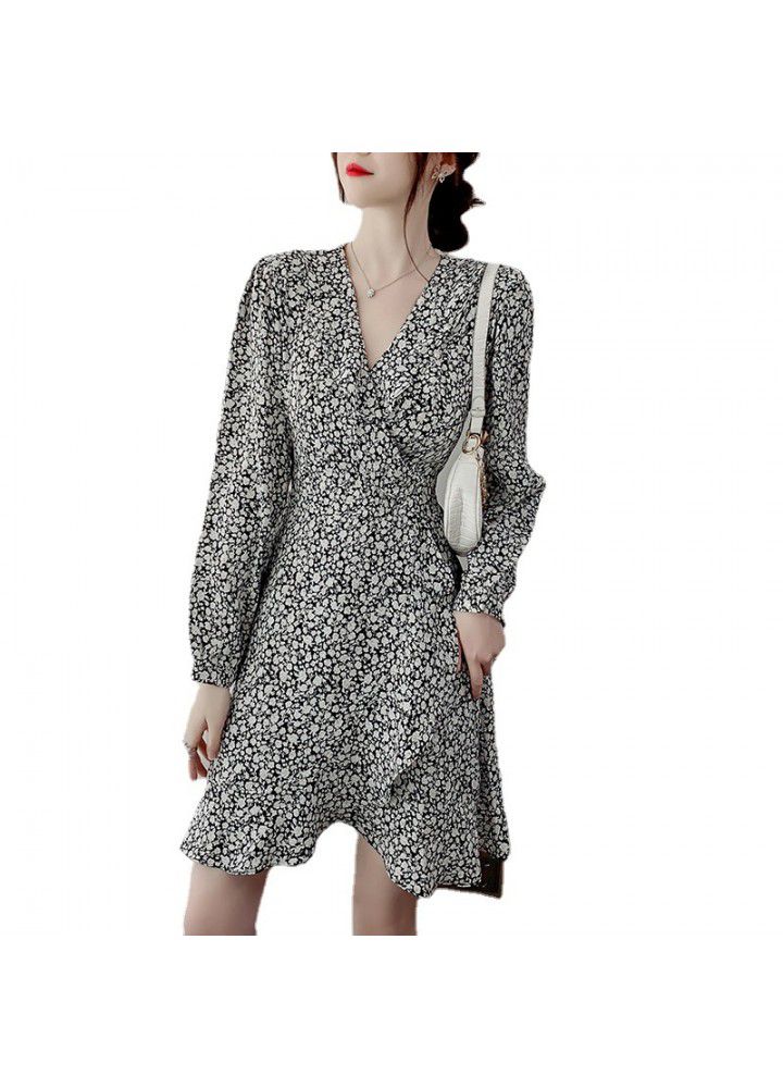 2021 spring and summer new fashion V-neck small fresh retro printed floral skirt Long Sleeve Chiffon dress for women