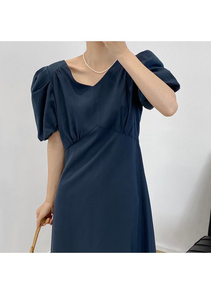Taochuan French elegant V-neck solid color bubble sleeve dress women's 2021 summer short sleeve high waist long skirt word 5160