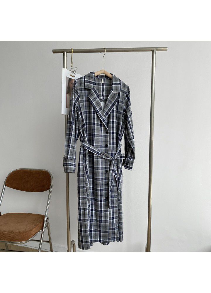 Zhicongxi long Plaid Dress long sleeve shirt skirt autumn new suit collar Korean waist long skirt 598