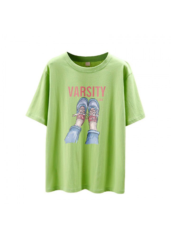 Pure cotton white short sleeve T-shirt women's ins foreign style BF loose and versatile Korean printed base shirt 2021 summer thin