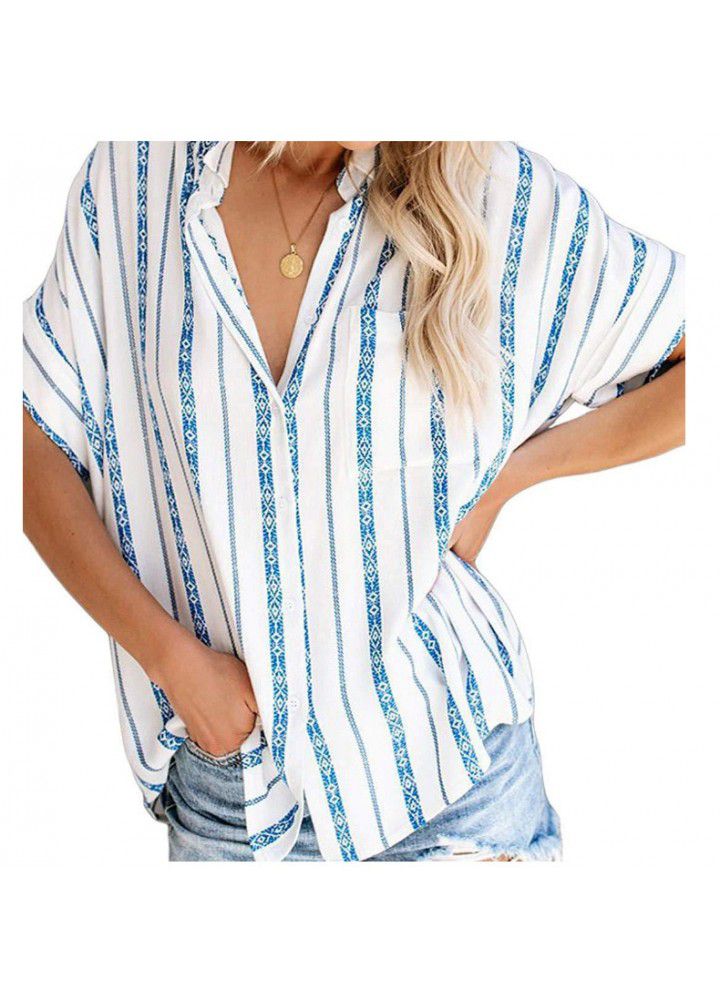 Cross border wish Amazon eBay large size cardigan blouse striped pocket short sleeve blouse