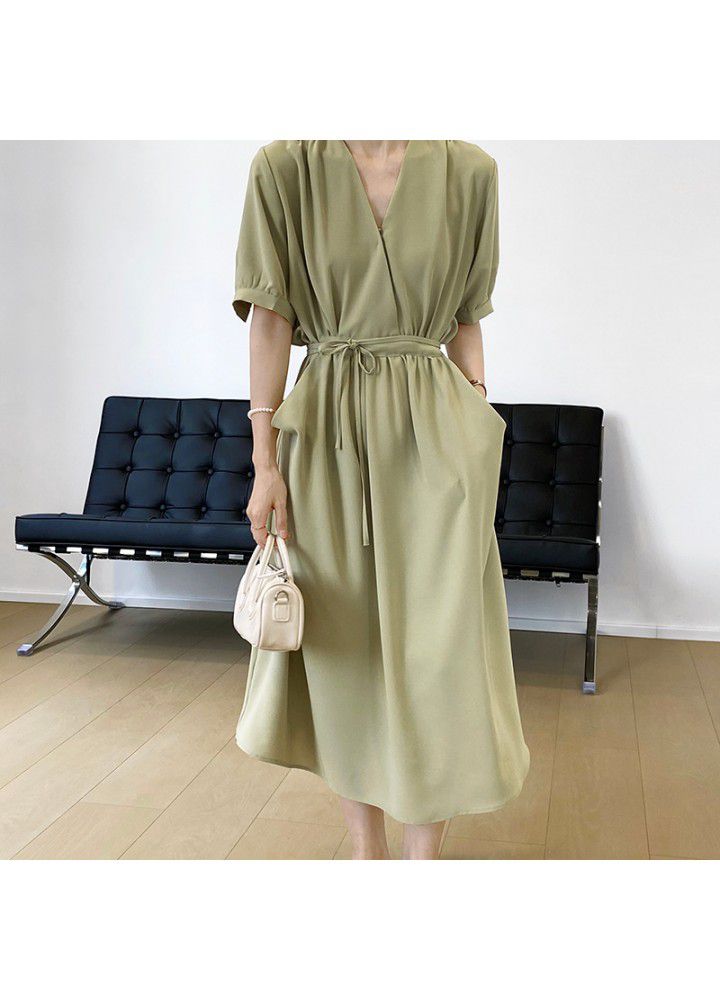 Taochuan French design retro bubble sleeve waist strap dress women's 2021 summer V-Neck long skirt 3377