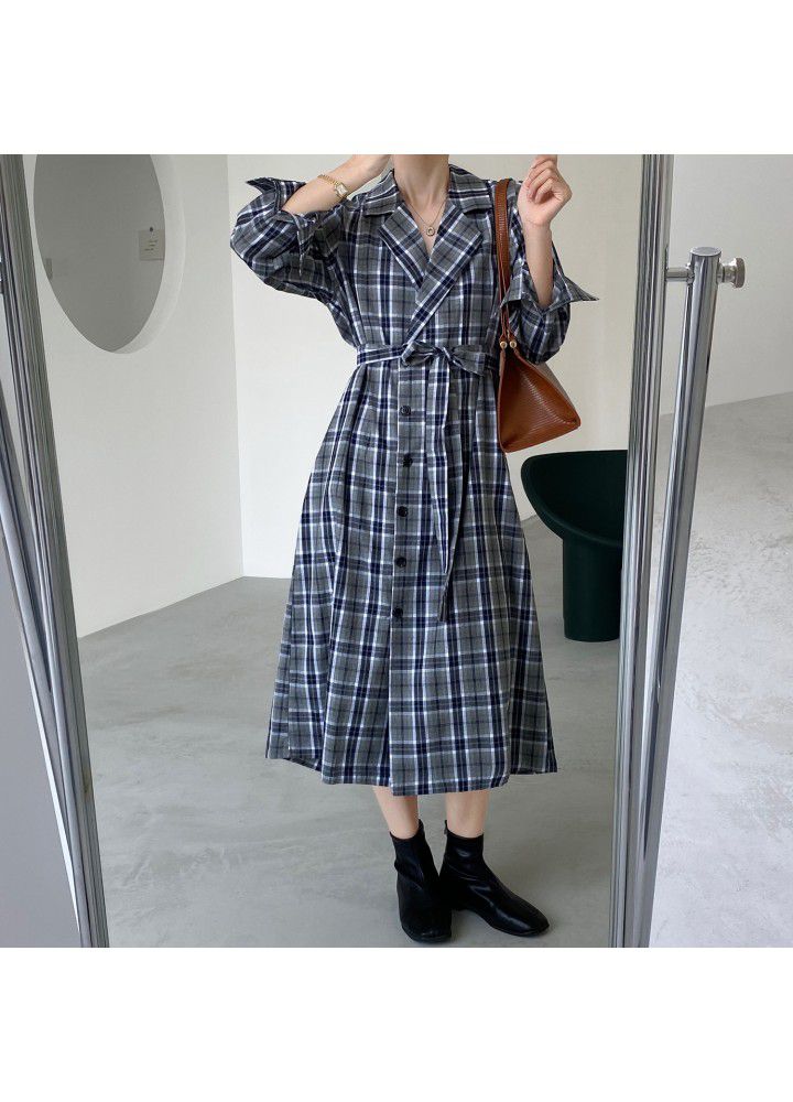 Zhicongxi long Plaid Dress long sleeve shirt skirt autumn new suit collar Korean waist long skirt 598