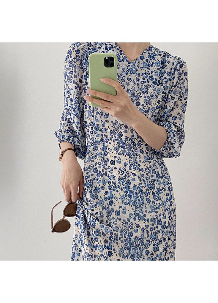 Zhicong dark blue fishtail floral dress women's 2021 summer French medium length V-neck skirt 775