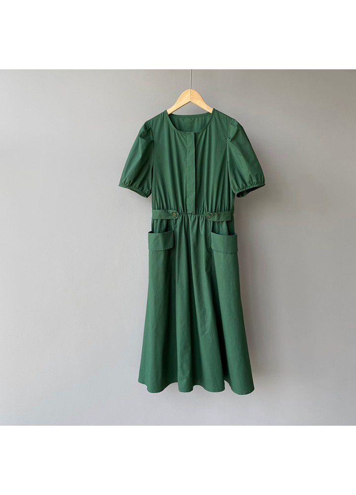 Taochuan solid round neck bubble sleeve dress women's 2021 summer double pocket elastic waist bandage long skirt slim 8190